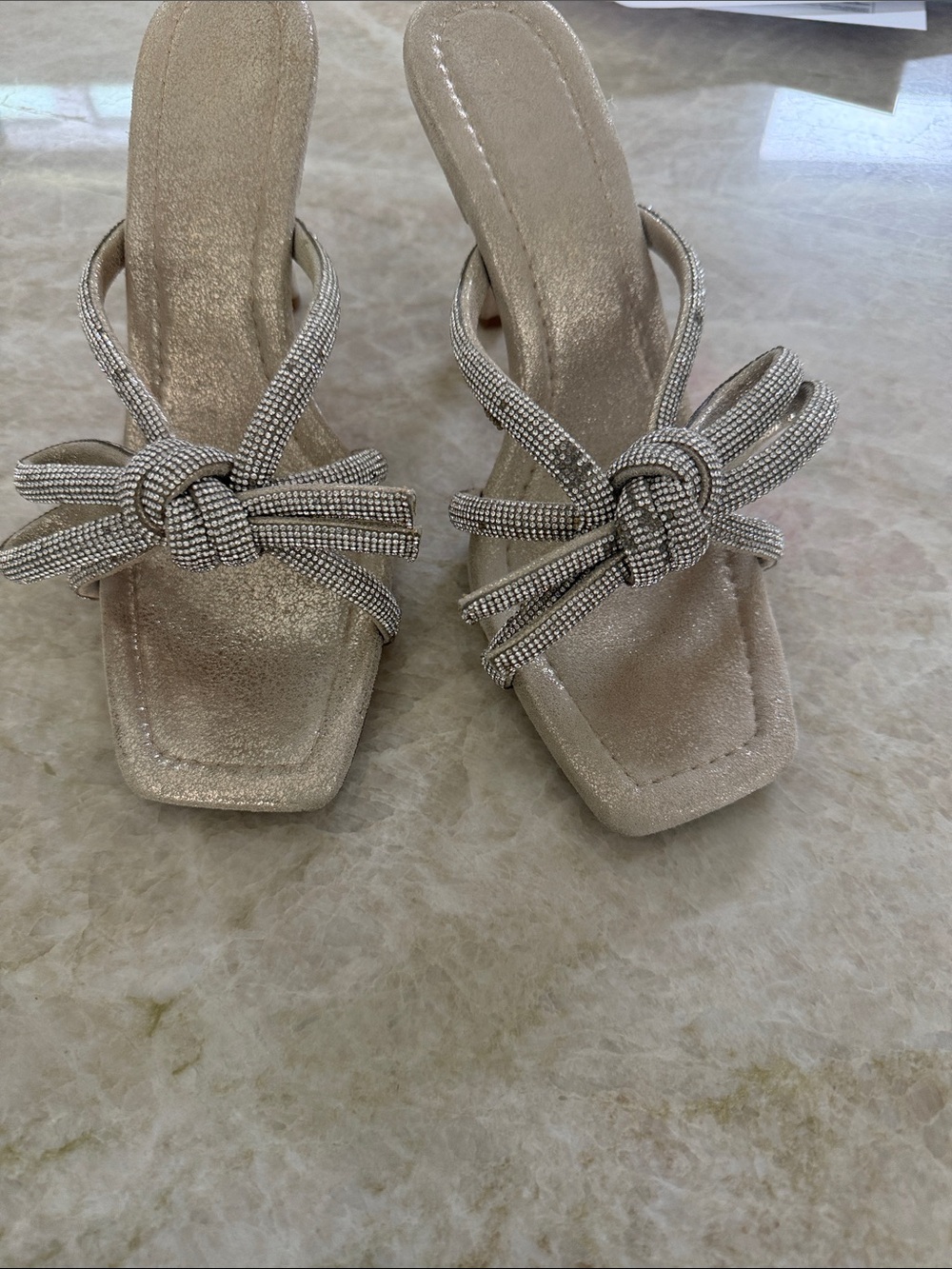 Loeffler Randall Crystal Knot Slip-On Heels in Champagne